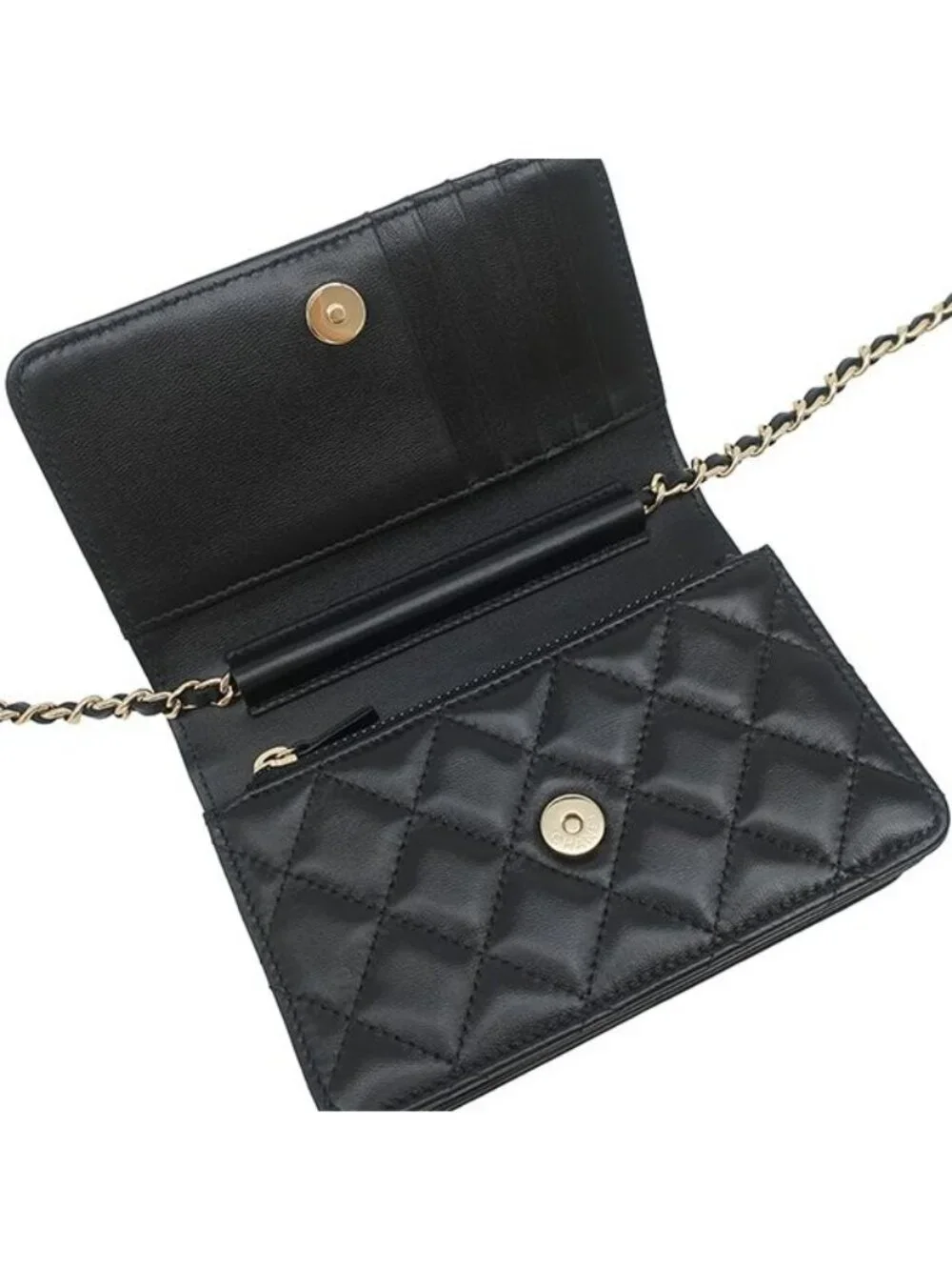 Chanel Chain Wallet Quilted Mini Lambskin Black Gold CC Logo Camellia 31
